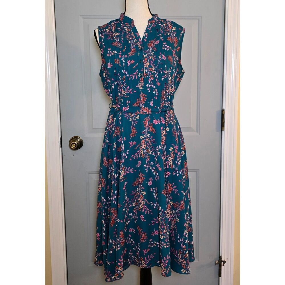 Nanette Lepore Teal Floral Sleeveless Pintuck Button Up A Line Dress Size 6